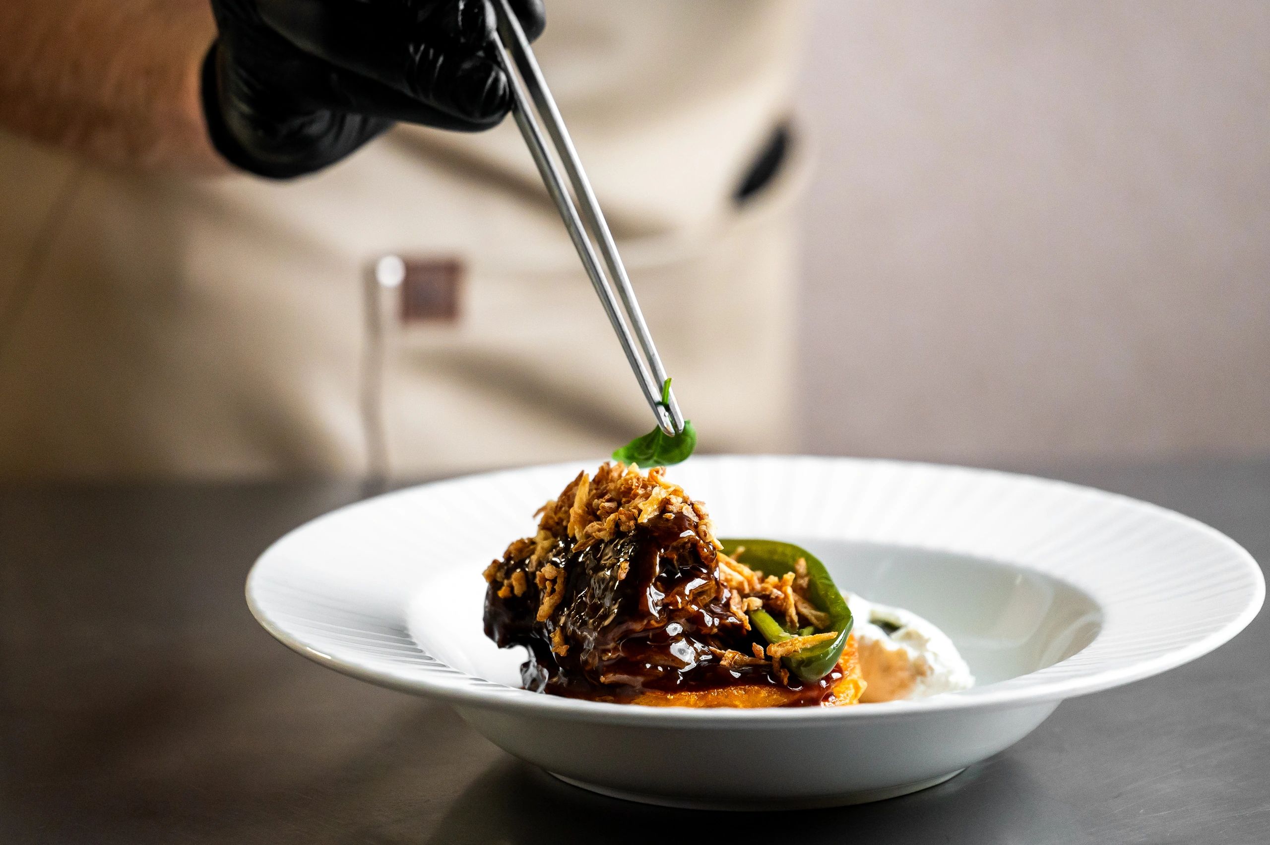 Gourmet plated meal prepared for premium aviation catering
